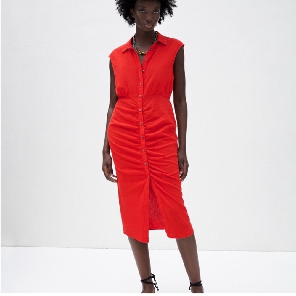 Zara cherry red sleeveless front button ruched linen blend midi dress sz M - Picture 1 of 15